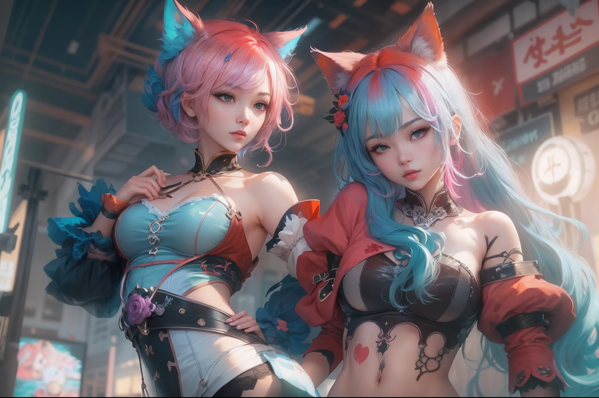 anime - style image of two women with pink and blue hair dressed in red and blue corset, posing in Akihabara for a foto shooting, Captured from a low and wide angle, wlop and sakimichan, attractive cat girl, artwork in the style of guweiz, fantasy art style, 2. 5 d cgi anime fantasy artwork, fanart best artstation, by Yang J, trending on cgstation, wlop and ross tran, guweiz