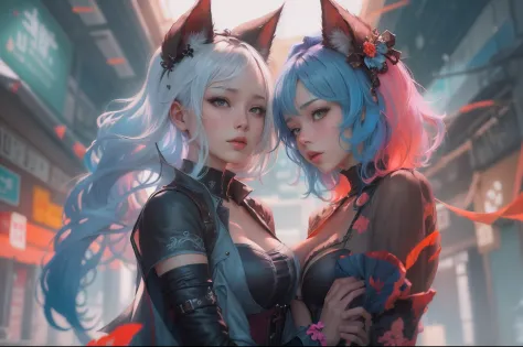 anime - style image of two women with pink and blue hair dressed in red and blue corset, posing in Akihabara for a foto shooting...