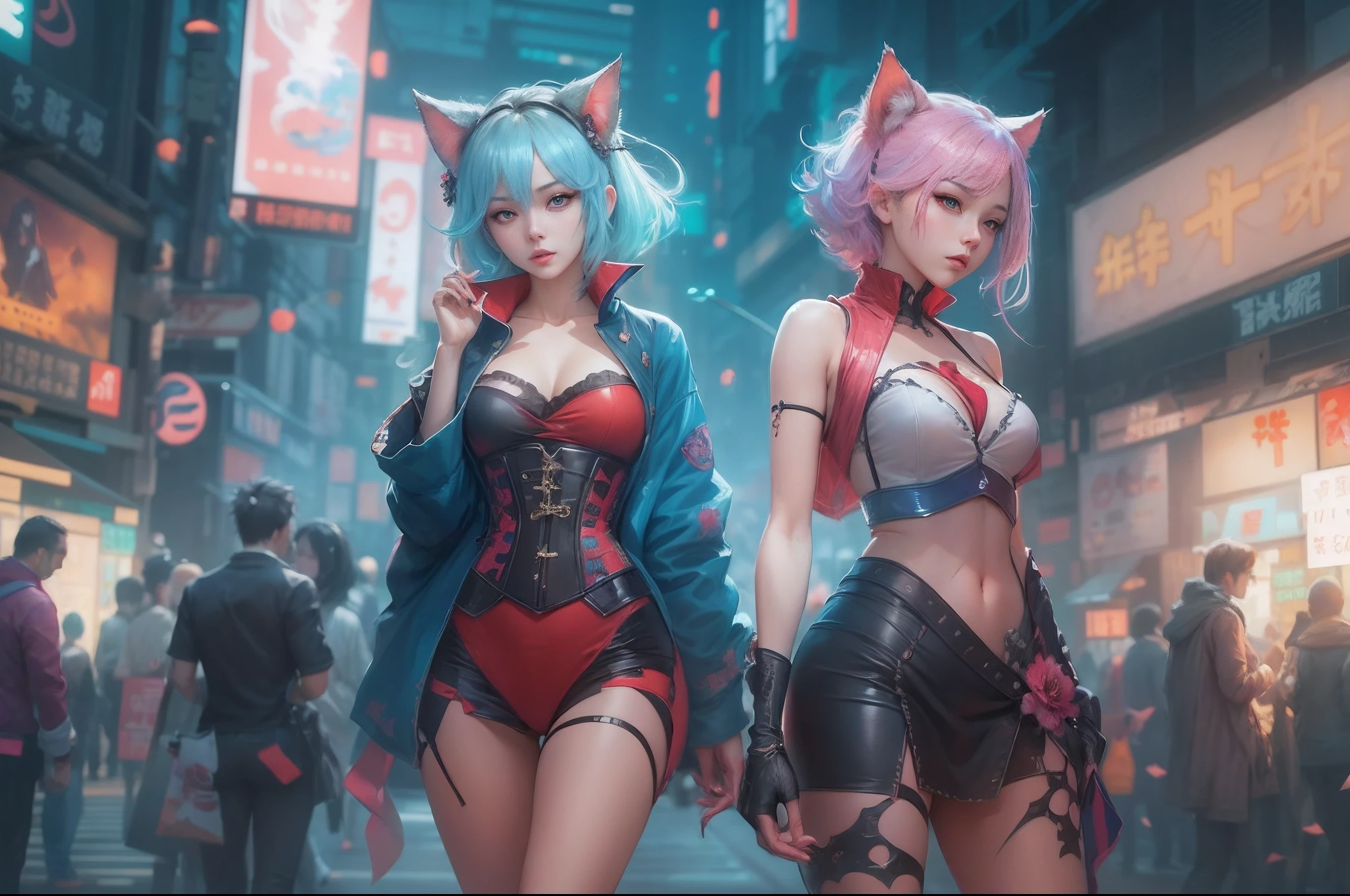 Bild im Anime-Stil von zwei Frauen mit rosa und blauen Haaren, gekleidet in ein rot-blaues Korsett, Posieren in Akihabara für ein Fotoshooting, Aus der Ferne eingefangen, WLOP und Sakimichan, Attraktives Katzenmädchen, artwork in the style of guweiz, Fantasy-Kunststil, 2. 5 d CGI Anime Fantasy Kunstwerk, fanart best artstation, von Yang J, Trends auf cgstation, Wlop und Ross Tran, guweiz