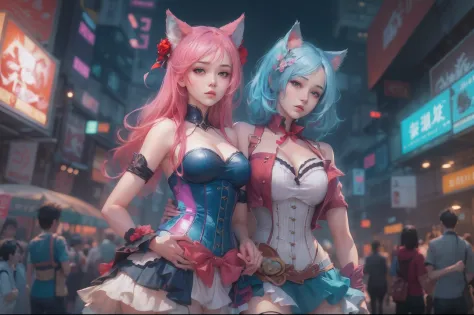 anime - style image of two women with pink and blue hair dressed in red and blue corset, posing in Akihabara for a foto shooting...