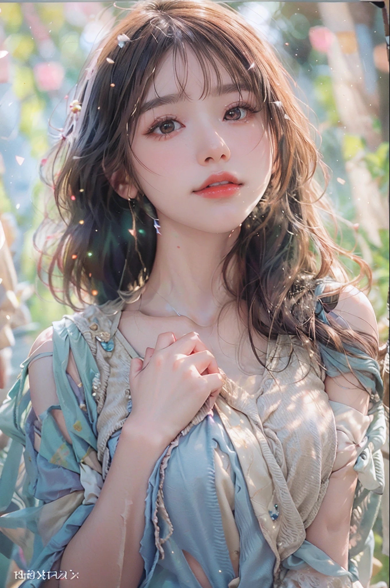 （Fluorescent color：1.4），（semi transparent：1.4），（retro filters：1.4），（fanciful：1.4），（photograph of a woman，1girll：1.2），cropped shoulders，cinmatic lighting, ssmile,short detailed hair，Black shawl straight hair，46 points oblique bangs，High-definition detail、Hyper-detailing、cinematic ligh、ultra-realistic realism、Soft light、Deep field focus bokeh，s the perfect face，beauitful face，beautidful eyes，（（Perfect female body）），Candy World Disneyland，aethereal、softness、fluffly、Soft landscape，Pastel pink sky，Green and blue luster，Ethereal light powder，Whimsical rainbow brilliance、As estrelas，diamond sparkles，Gemstone background，(Ultra photo realsisim)、(Super quality)、cinmatic lighting，huge detail，full HD painting，well-illuminated，