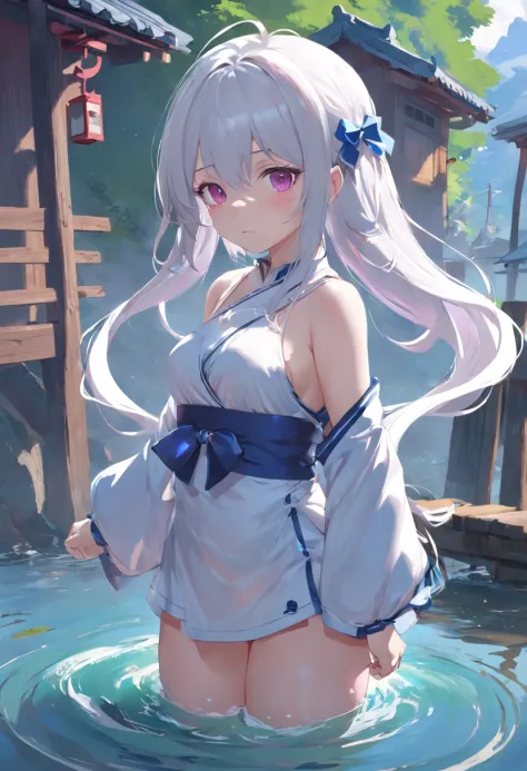 Anime girl in blue and white clothes,, small curvaceous loli, Guviz-style artwork, Guweiz in Pixiv ArtStation, Guweiz on ArtStation Pixiv, Guviz, Soft anime illustration, Anime visuals of cute girls, Detailed digital anime art，Gray hair and pink eyes，River...