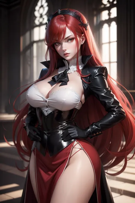 Rias Gremory is a character with crimson hair, her long strands falling elegantly down her back, contrasting with her pale skin and mesmerizing amber eyes. She exudes confidence and charm with her haughty posture. Wearing a tailored red school uniform, her...