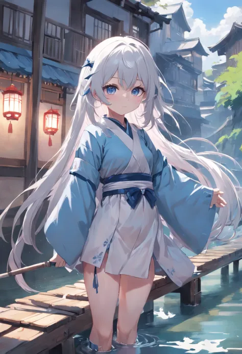 Anime girl in blue and white clothes,teens girl, Guviz-style artwork, Guweiz in Pixiv ArtStation, , Guviz, Soft anime illustration, Anime visuals of cute girls，Gray hair and pale pink eyes，River side，Holding a barrel，China-style
