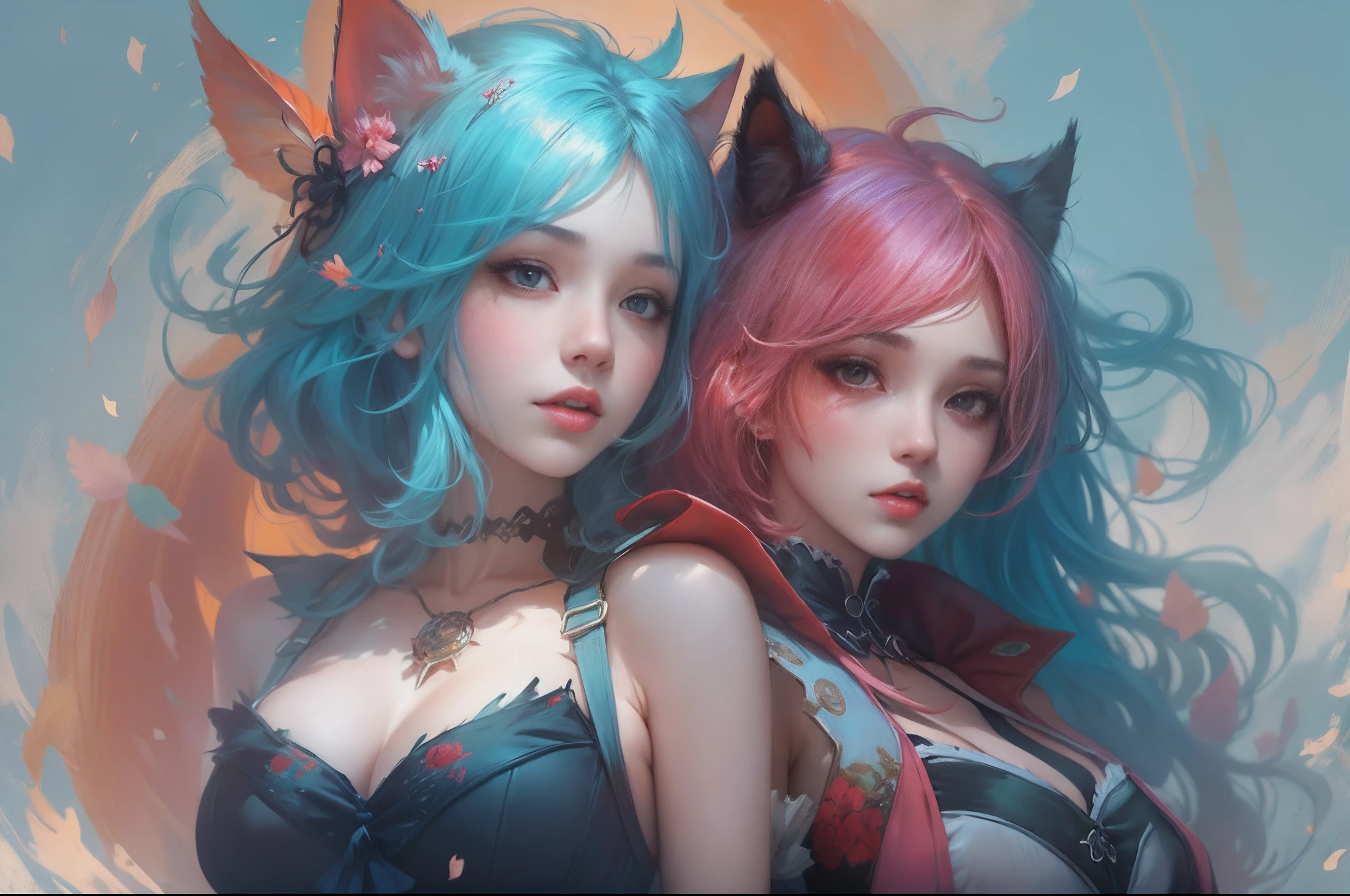 Bild im Anime-Stil von zwei Frauen mit rosa und blauen Haaren, gekleidet in ein rot-blaues Korsett  , WLOP und Sakimichan, Attraktives Katzenmädchen, artwork in the style of guweiz, Fantasy-Kunststil, 2. 5 d CGI Anime Fantasy Kunstwerk, fanart best artstation, von Yang J, Trends auf cgstation, Wlop und Ross Tran, guweiz
wide angle