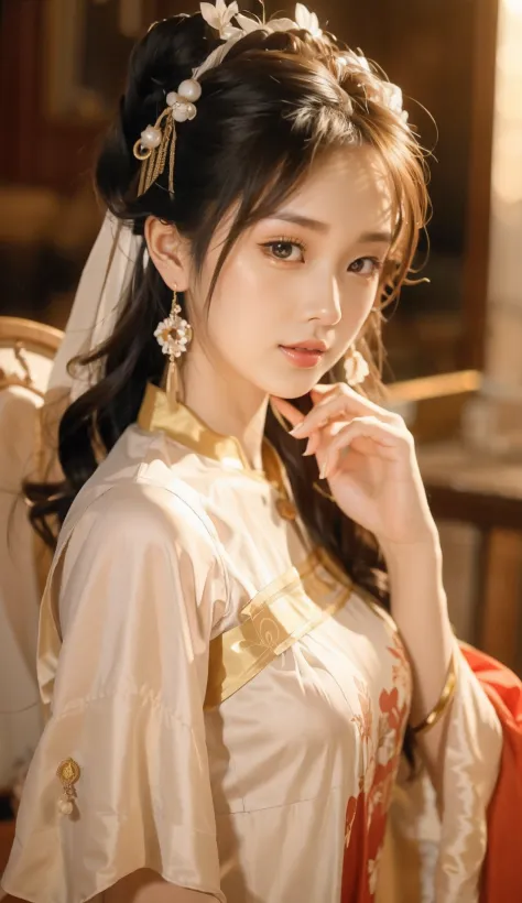 Wear a beautifully patterned dress，Arafeld Asian woman wearing a gold headdress, Palace ， A girl in Hanfu, Hanfu, Hanfu, Wearing...