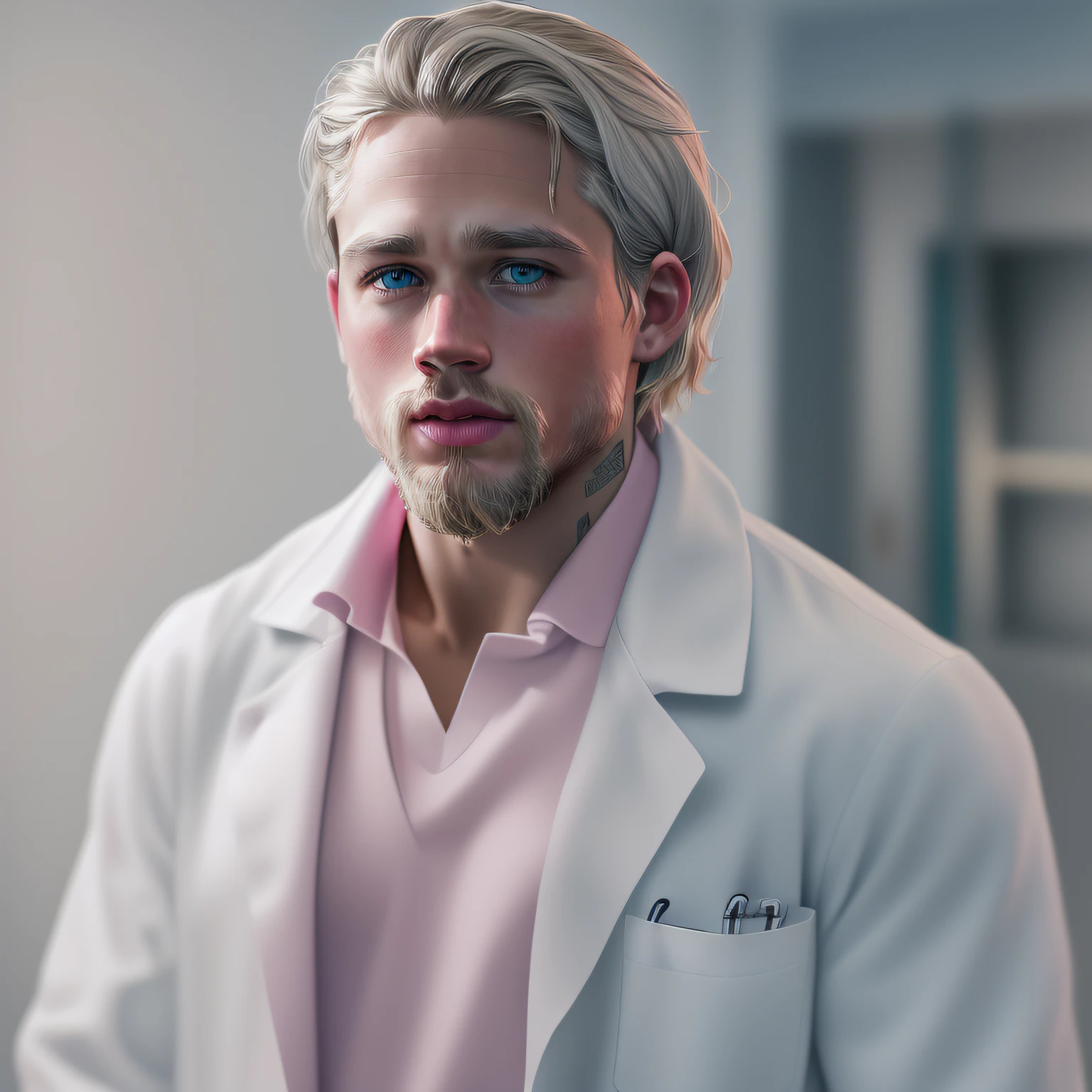 (Charlie Hunnam) photo du corps entier, Haute qualité, 1 homme, (((beau docteur blonde dilf américain))), (((chemise rose))) (((blouse de docteur blanche))), (((yeux bleus))) (((à Dream Hospital))) (((barbe de 3 jours)) Photoréaliste, NSFW, Sexy, , POINTU, Concentré, centré, sensuel, HD, 8k, Reflex numérique, Appareil photo RAW Sony a7R IV, Meike 85mm F1.8 lentilles