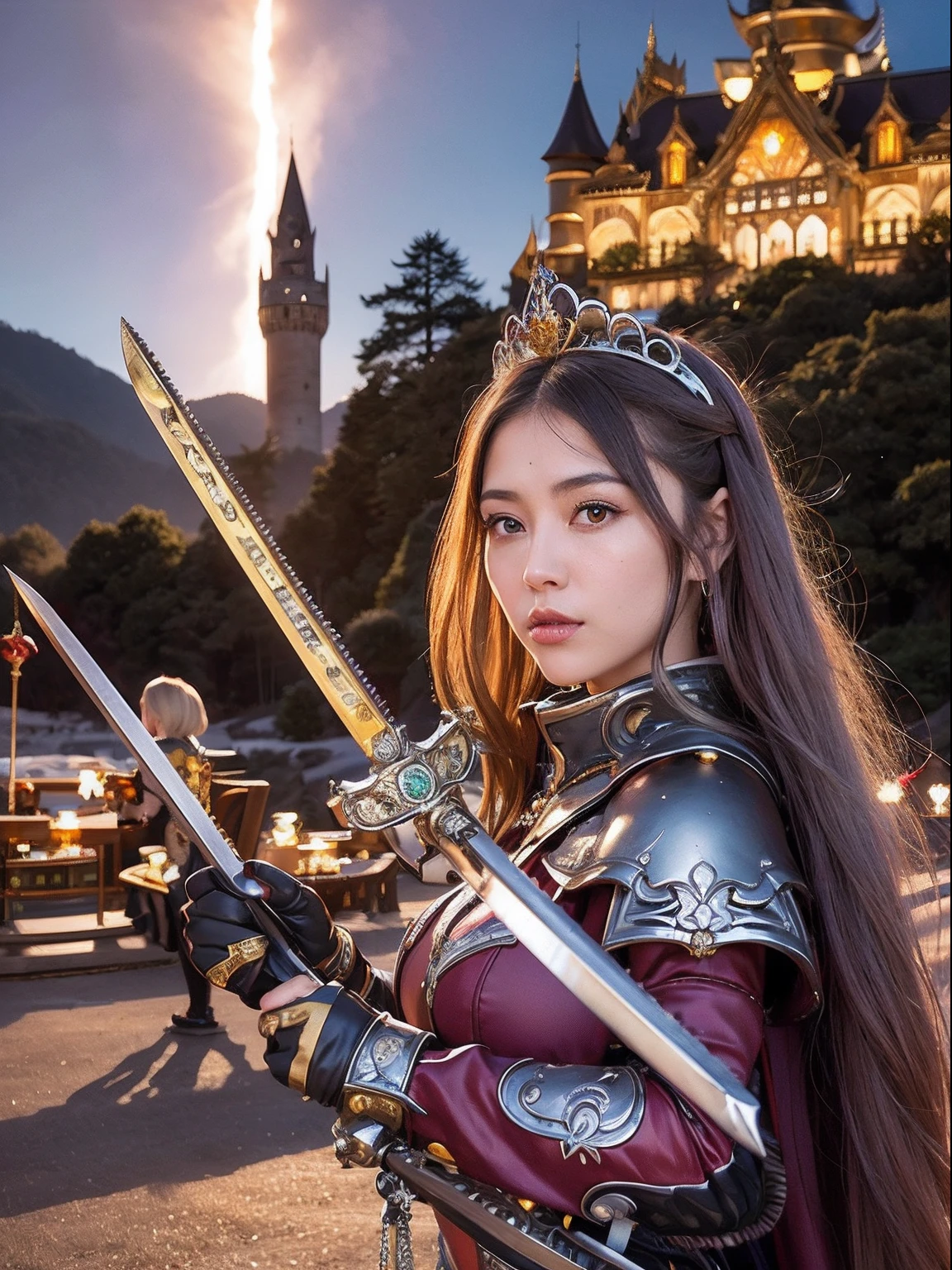 Professional , ​masterpiece、top-quality、photos realistic , depth of fields （Gemstone Silver Metal Body:1.９),(Matte Silver、Jewel Gold Weapon、（Gorgeous castle background）、Holding the Sword of Heroes、（Jewel White Metal Body:1.４),（（Gorgeous Jewel Metal Weapons）） , Fighting、（（Holding the Sword of Heroes）） ,（close-up，dream magical，tornado ）   ,(Micro Bikini Armor),warhammer 40k , adepta sororitas,Detail and ornate jewel crown、Brown hair、Mystical expression、（Gangle's forest background）、１a person、dynamic ungle,(((Diamond tiara with detail and luxury)))、a small face、A smile、Powerful poses、（Gorgeous castle background）、huge filesize、20 year old beautiful woman、Thin female fingers、Straight long hair、Beautiful Japan person々The beauty of、Mystical expression、Lightly open your mouth、,Luminescent particles,light scattering,Tindall Effect、Fighting、Twin tail hair、