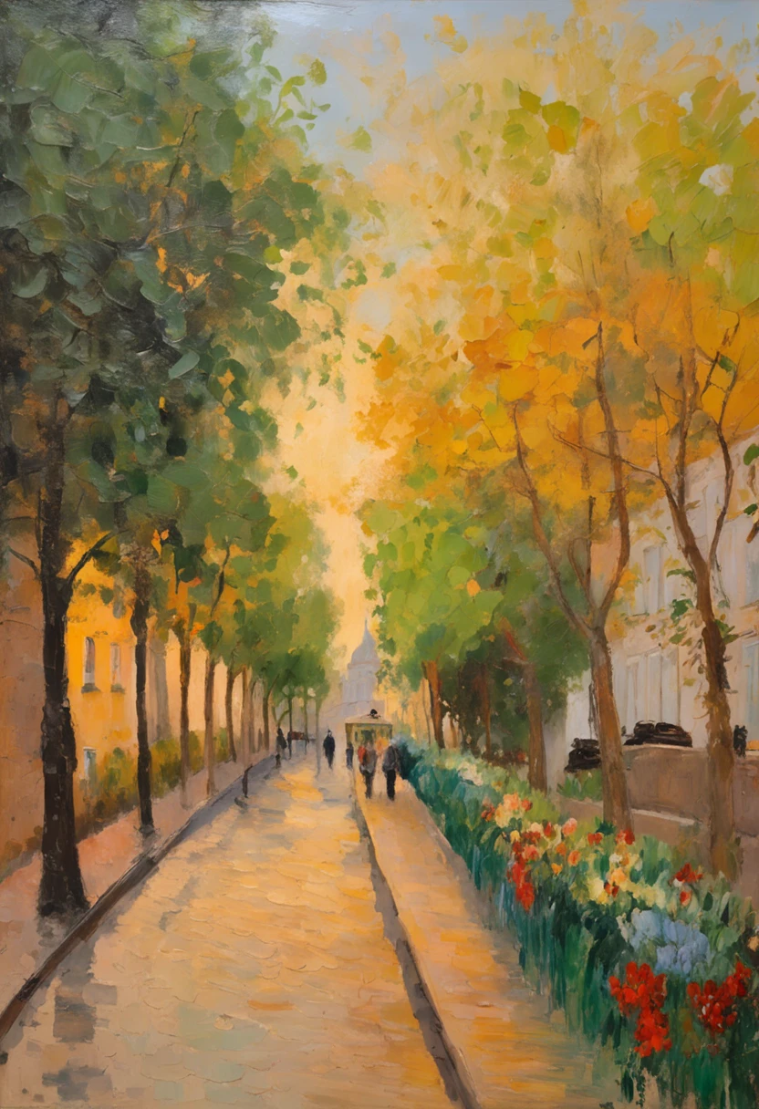 um jardim florido ao estilo de fotografia golden hour. estilo de pintura impressionismo obras de Camille Pissarro, Boulevard Montmartre masterpiece