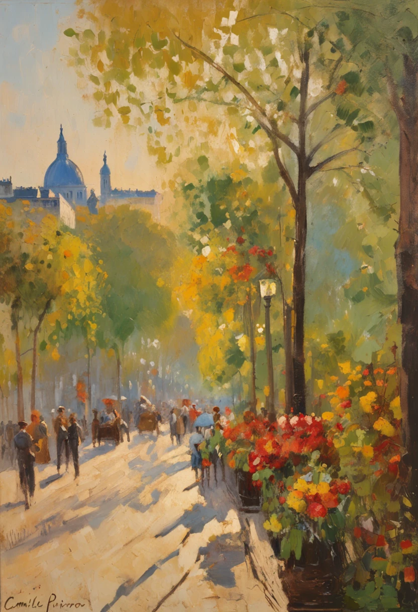 a flower garden in the style of golden hour photography. painting style impressionism works by Camille Pissarro, Boulevard Montmartre masterpiece