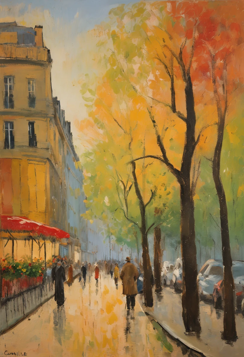 um jardim florido ao estilo de fotografia golden hour. estilo de pintura impressionismo obras de Camille Pissarro, Obra-prima do Boulevard Montmartre