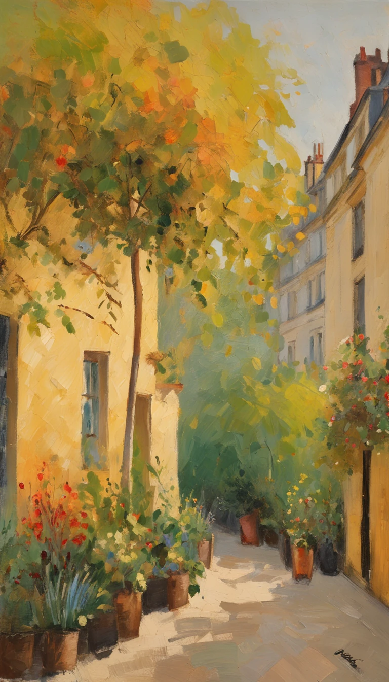 um jardim florido ao estilo de fotografia golden hour. estilo de pintura impressionismo obras de Camille Pissarro, Boulevard Montmartre masterpiece