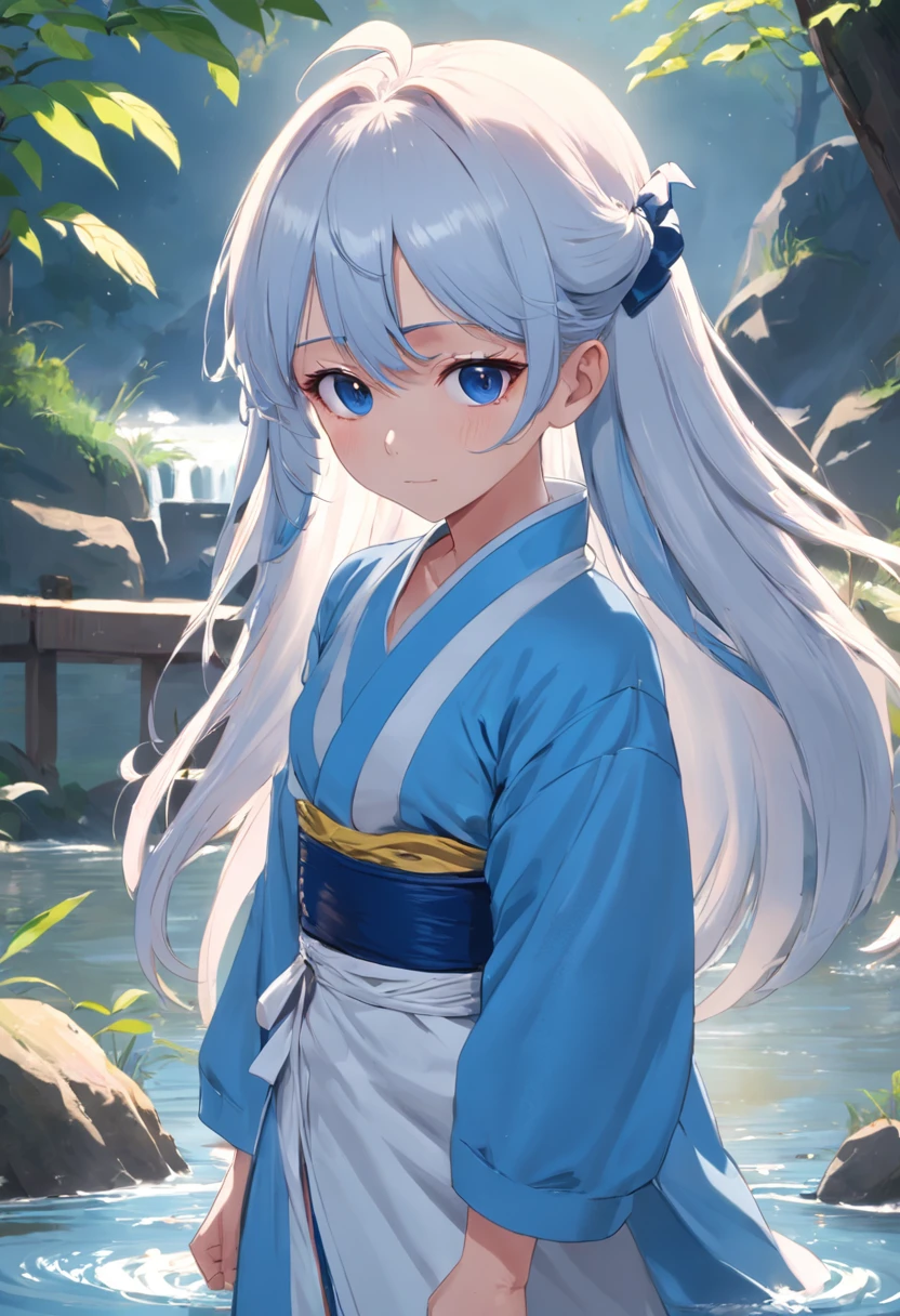chiquita，Beside the riverbank，Take the bucket，Against the background of Chinese wind，Wear blue and white clothes，She has light pink eyes and white hair，And a pair of white eyebrows。