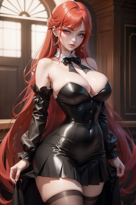 Rias Gremory is a character with crimson hair, her long strands fall elegantly down her back, contrasting with her pale skin and mesmerizing amber eyes, slim and beautiful body. She exudes confidence and charm with her haughty posture. Wearing a tailored r...