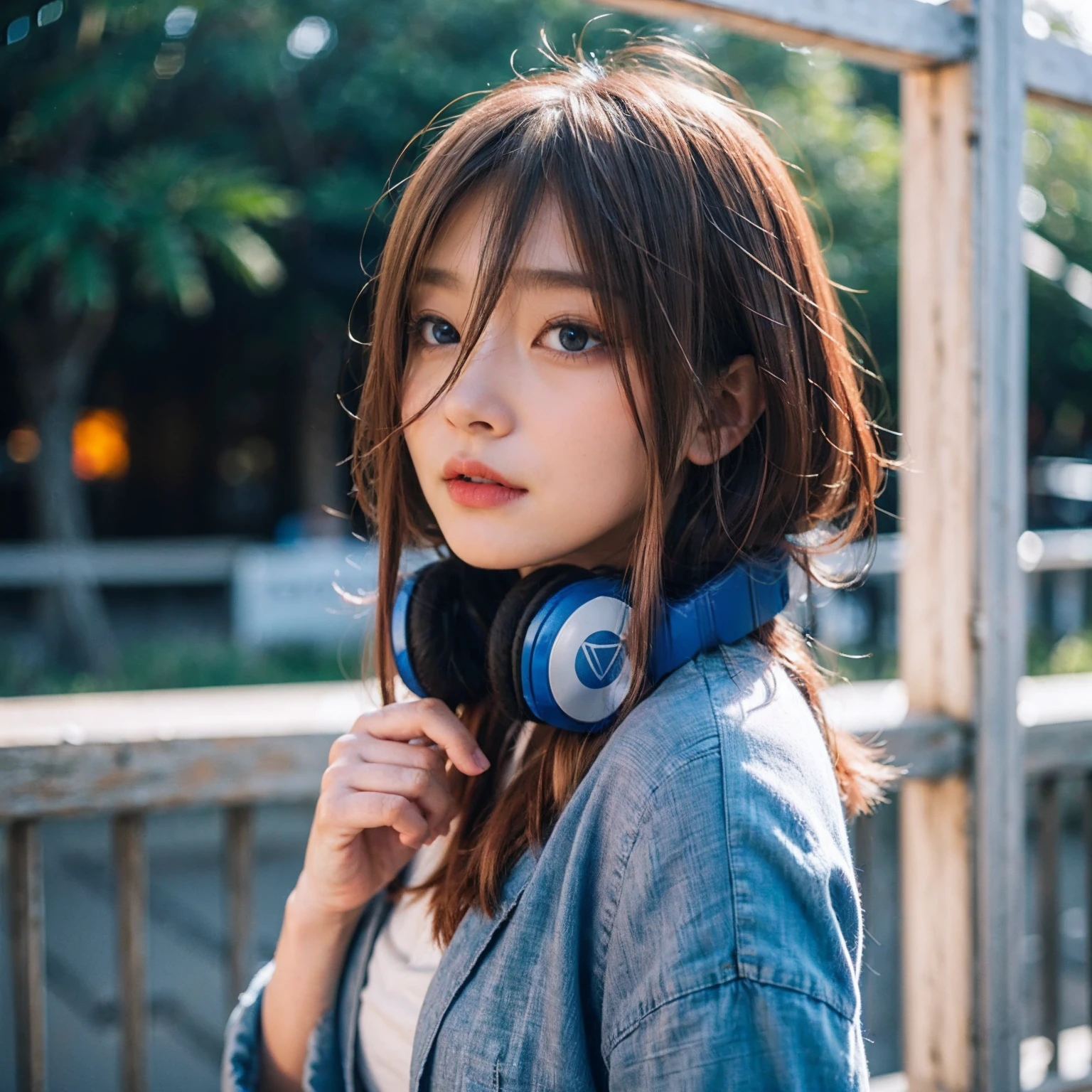 （（dressed casually、Natural color clothing、long、Long bangs、red hair、e Blue Eyes、Colorcon、Big blue headphones around the neck））、（The FW、8K、Raw photography、top-quality:1.4、hight resolution:1.4、tmasterpiece:1.4）、（hyper realisitc:1.4）、1girll、hentail realism、The ultra-detailliert、Photorealsitic:1.4、unbelievable Ridiculous、Urzo-6500-V1.1:0.33、closeup cleavage、Floating hair、Soft light、Cinema Lights、film grains、full body Esbian、depth of fields、Blurred back、bokeh dof:1.4、eyes focus、angle of view、85mmレンズ、F/1.4、profetional lighting、lensflare、Luminescent particles:0.6、Professional Writing、Poleto:0.6、photon maping、Radio City、physically-based renderingt、Transparency、one girls、well-styled、light skinned:1.1、Cute Baby Turtle:1.5