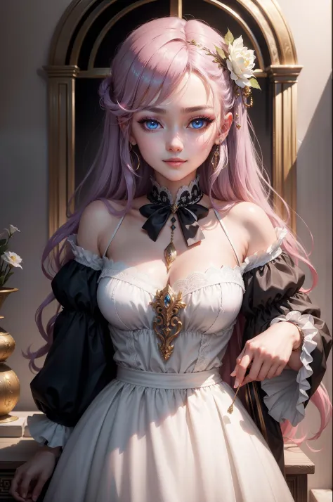 The personification of Cronus in Greek mythology（Feminization）、infp young woman、Clothes in the image of peasant aristocrats、、frontage、High-quality illustrations、big eye、Sheer eyes、Exquisite makeup、long eyeslashes、Eyes that laughed、A smile、The background is...