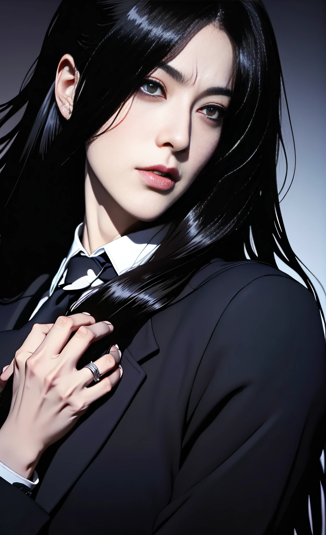 Close-up of a man in a suit and tie, androgynous vampire, junji ito 4 k, with long dark hair, ito junji art, style of junji ito, Dark Costume, portrait of sadako of the ring, beautiful androgynous prince, delicate androgynous prince, with his long black hair, girl in suit, beautiful breasts, perfect anatomy, Gloomy color scheme,
