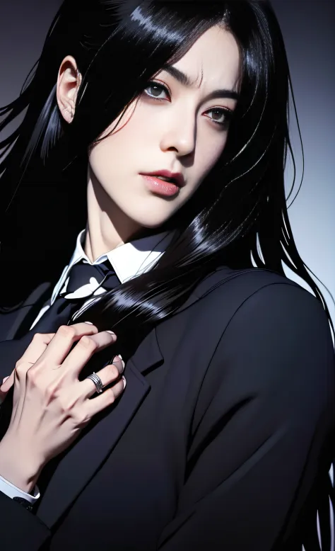 Close-up of a man in a suit and tie, androgynous vampire, junji ito 4 k, with long dark hair, ito junji art, style of junji ito,...