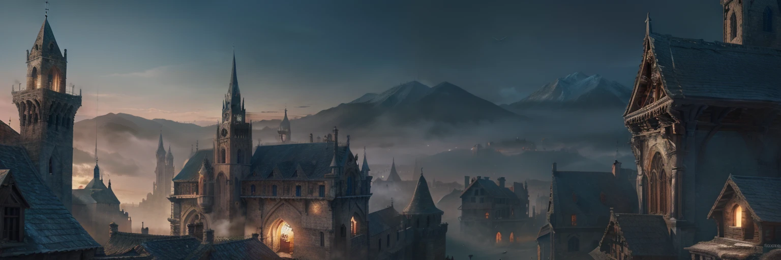 Medieval town, medieval, dark age, abandoned, medieval buildings, fantasy, digital painting, ultra sharp, cinematic, high quality, illustration, extremely detailed, wallpaper, ultrahd, 8k, cinematic lighting