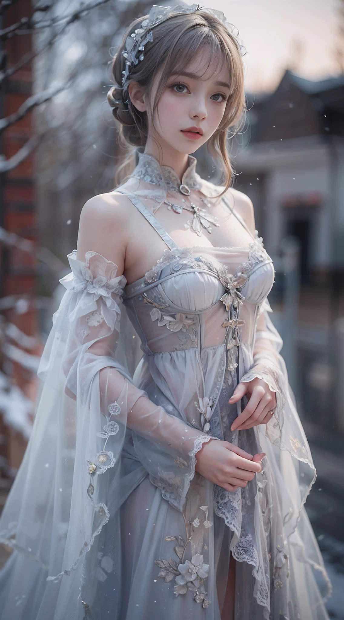 （8K， RAW photos， best qualtiy， tmasterpiece：1.2），（realisticlying， photograph realistic：1.4)，Hide your face with sadness，
Lolita costume，Lace， Aerith Gainsborough， The upper part of the body， undergarments，exposed bare shoulders， do lado de fora， (outside，Covered with snow，Cloak，) high high quality， Adobe Lightroom， highdetailskin， looking at viewert，