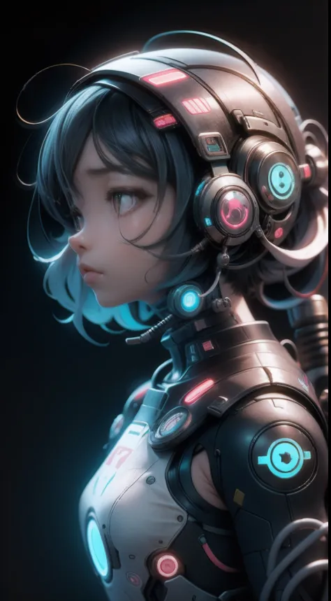 Cyborg girl aesthetic anime Japanese sad girl, Black background, facing camera, Grief vibes, high technology,