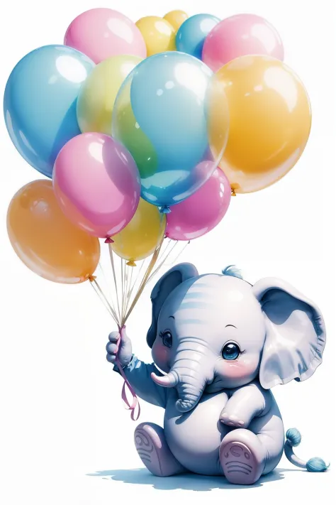 Design an enchanting 2D watercolor cartoon clipart featuring a lovable baby elephant holding a few oversized, cartoonishly vibrant balloons. Place this delightful scene on a pristine white background without any shadows. The 2D watercolor style should brin...