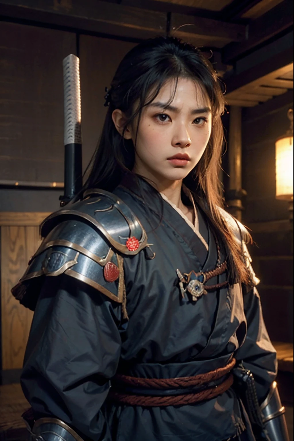 c4ttitude, samurai, vigilant, Yeux en amande, furrowed brow, fourrure lisse, guerrier, disciplined, focused, Armored kimono, Guarded cover, acier, pattes griffues, Katana, feudal Japan, rue, honorer, duel, Confrontation scene,