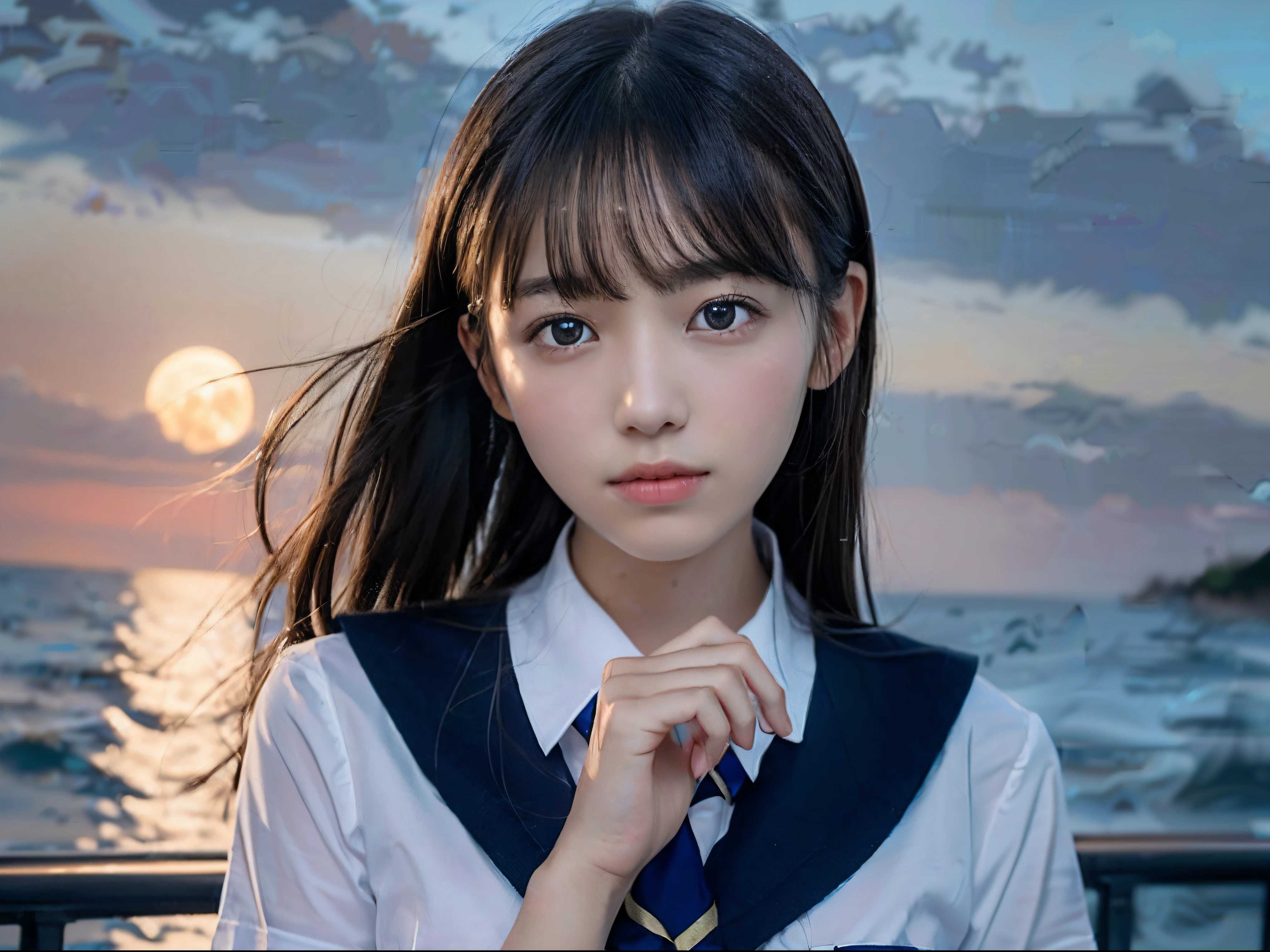 (Close up portrait of one girl with slender small breasts in school uniform:1.5)、(Girl with hair swaying in the wind looking up at the big full moon 1.3)、(Large full moon reflected in the sea at night :1.3)、(Perfect Anatomy:1.3)、(complete hands:1.3)、(complete fingers:1.3)、Photorealsitic、Raw photography、masutepiece、top-quality、hight resolution、delicate and pretty、face perfect、Beautiful detailed eyes、Fair skin、Real Human Skin、pores、((thin legs))、(Dark hair)