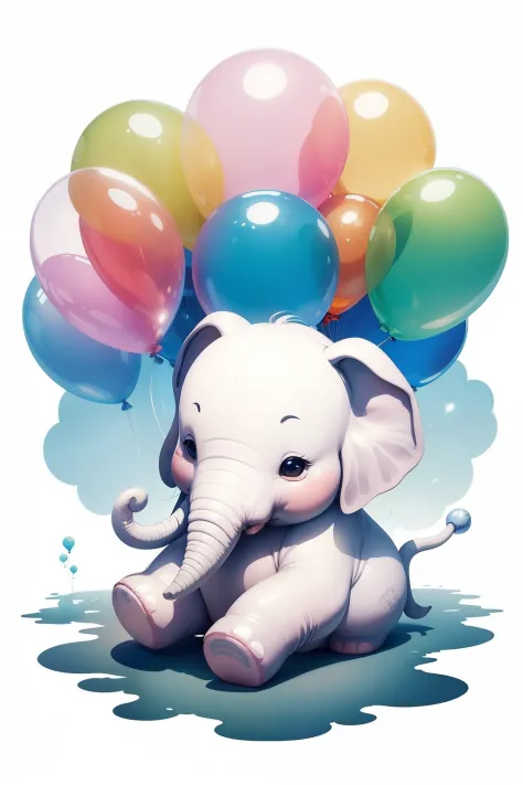 Design an enchanting 2D watercolor cartoon clipart featuring a lovable baby elephant holding a few oversized, cartoonishly vibrant balloons. Place this delightful scene on a pristine white background without any shadows. The 2D watercolor style should brin...