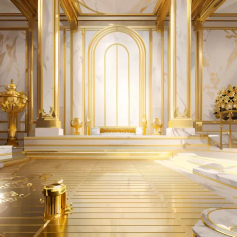 On the floor of the room was a gold vase, exquisitely designed throne room, gold and luxury materials, baroque marble and gold in space, Throne Room, gold throne, Golden throne, white and gold color scheme, Solid gold pillars, decadent throne room, gilded ...