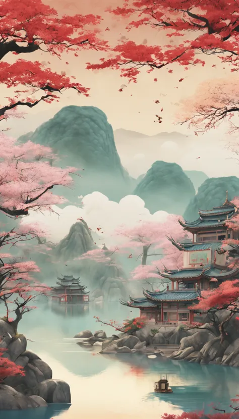 An idyllic Chinese mural, Light look color and white style, Layered landscape, japanese style art, monumental murals, Ricoh FF-9D, Golden Age aesthetics, Exotic landscape