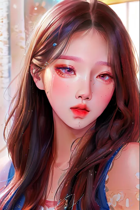 a close up of a woman with long brown hair and a blue top, popular korean makeup, popular south korean makeup, young adorable korean face, korean girl, kawaii realistic portrait, cute round slanted eyes, beautiful south korean woman, korean face features, ...