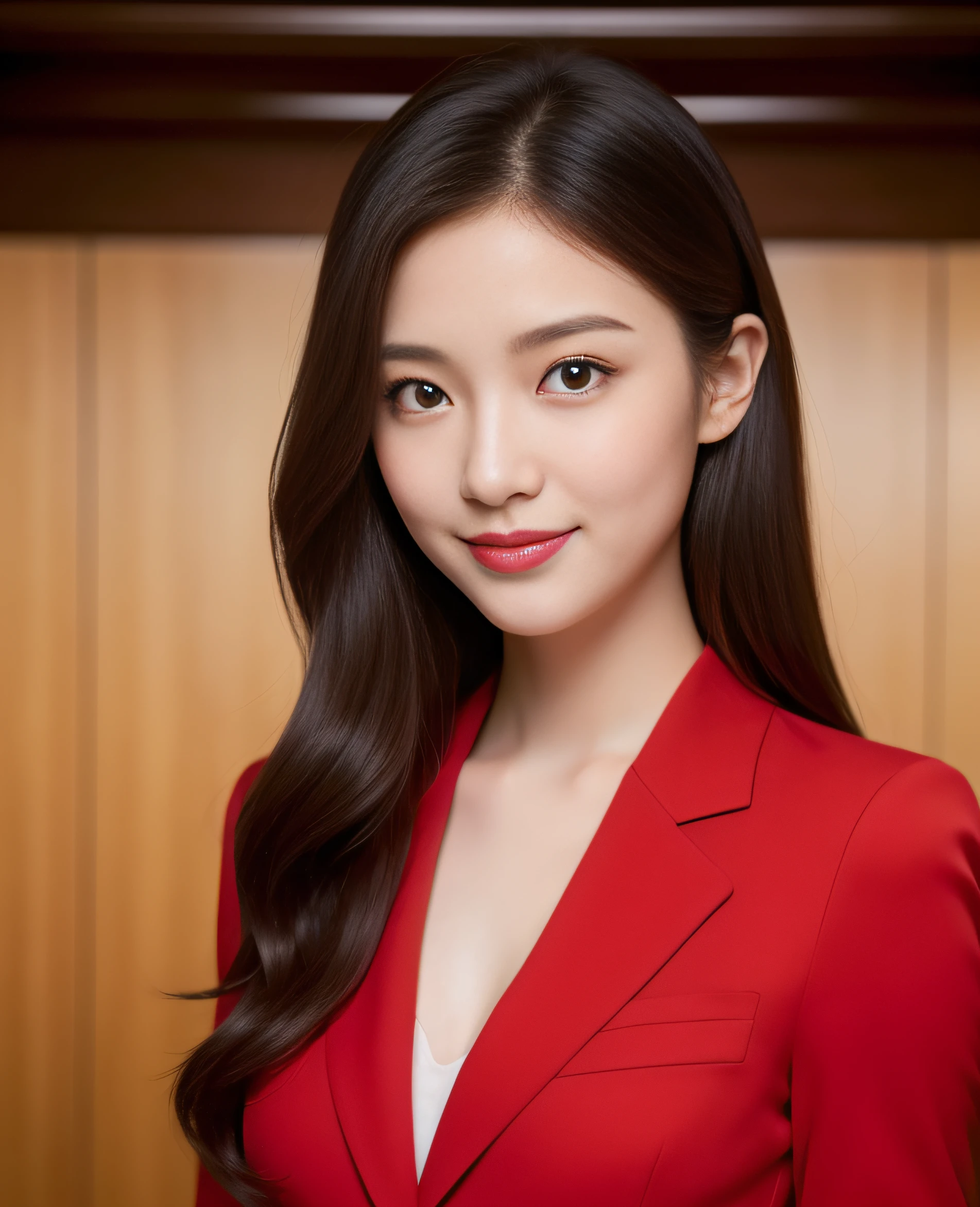 ((best quality, 8K, masterpiece: 1.3)), beautiful girl, pure, melon face, kind and cute, sweet smile, pure desire, slender body, (front), (tilted head), ((looking at camera) ), wearing a crimson suit, black silky medium hair, long flowing shoulders, round black big eyes, clear big eyes, moist red lips, sweet, turning around, standing in the hotel lobby, hotel background, ((((whole body)))),