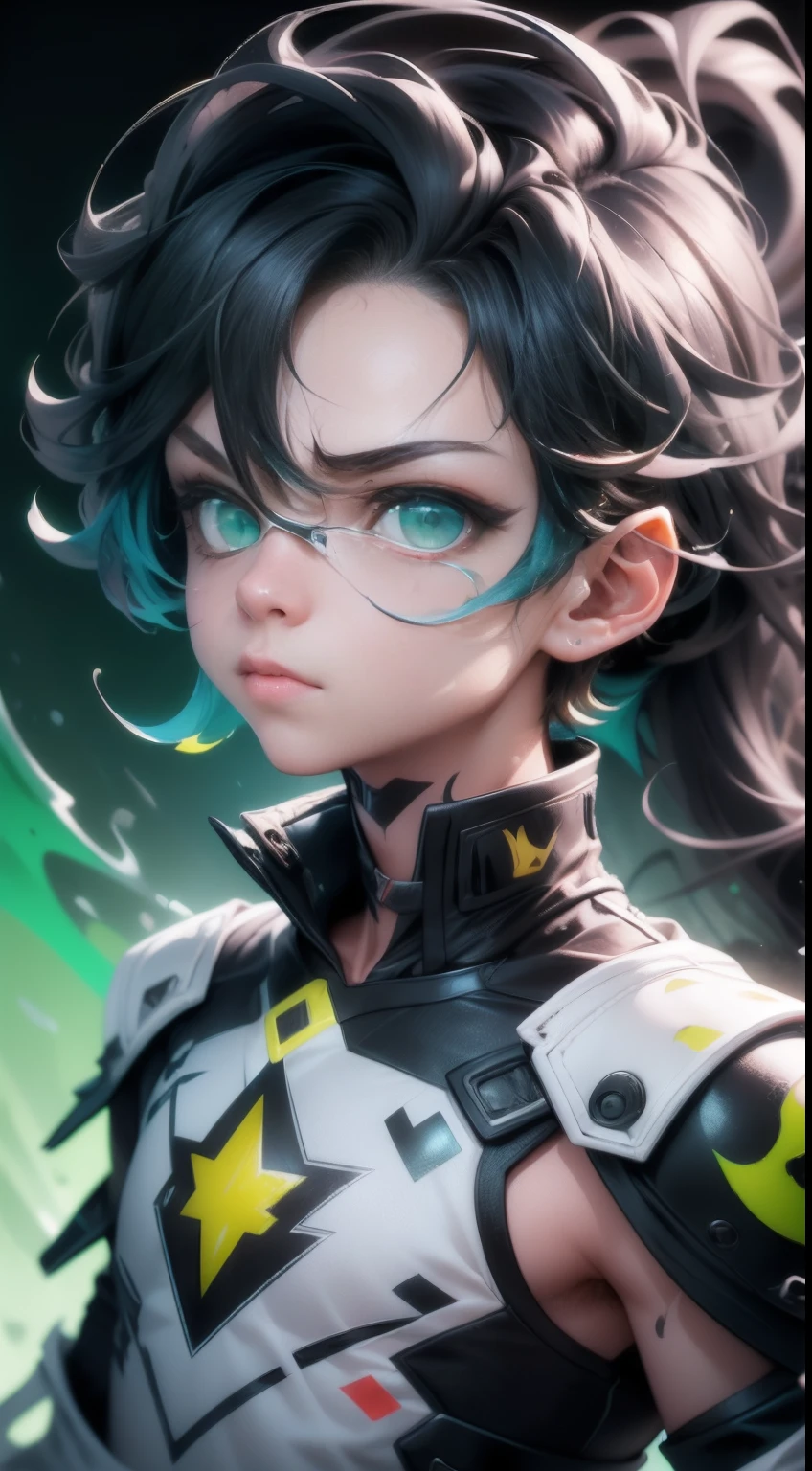 A boy, Thin and angular, with small nose，The chin is sharp, There is a faint scar on the chin, black messy hair, bright green eyes, A distinctive lightning-like scar on the forehead, Stylish, Maximalism, Full portrait, Covered in splashes, Splash color, vibrant, 8K, Artem Cheboka style, Watercolor on white background