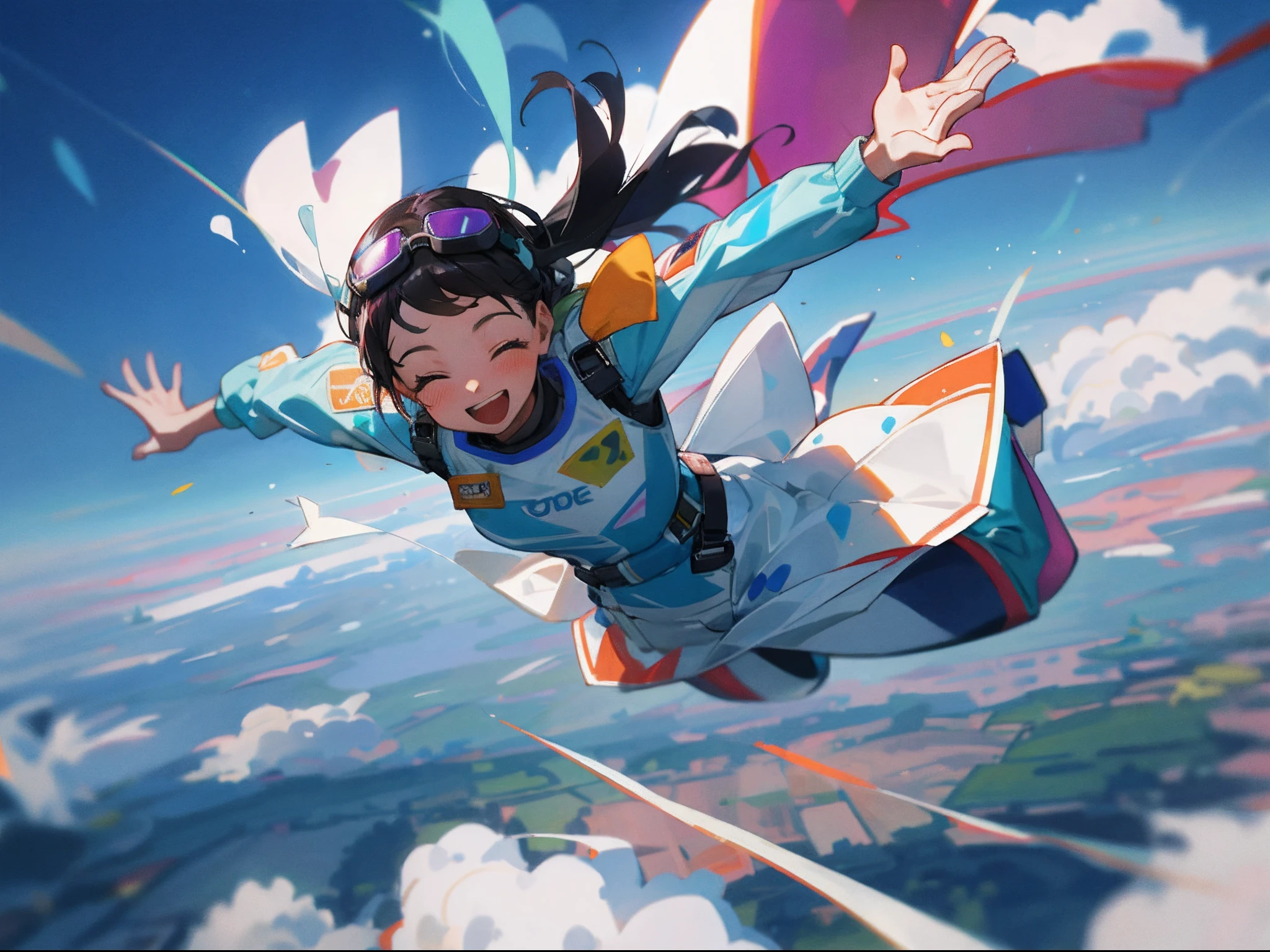 ​masterpiece:1.3、top-quality、hight resolution、(1womanl),skydiving、Bride flying in the clouds、Bouquet in hand、goggles、​​clouds、splatters、A delightful、A smile、shout out、Big jump、See below、Fall、wide Shots、dynamic ungle、Cessna、Prom dresses fluttering in the wind