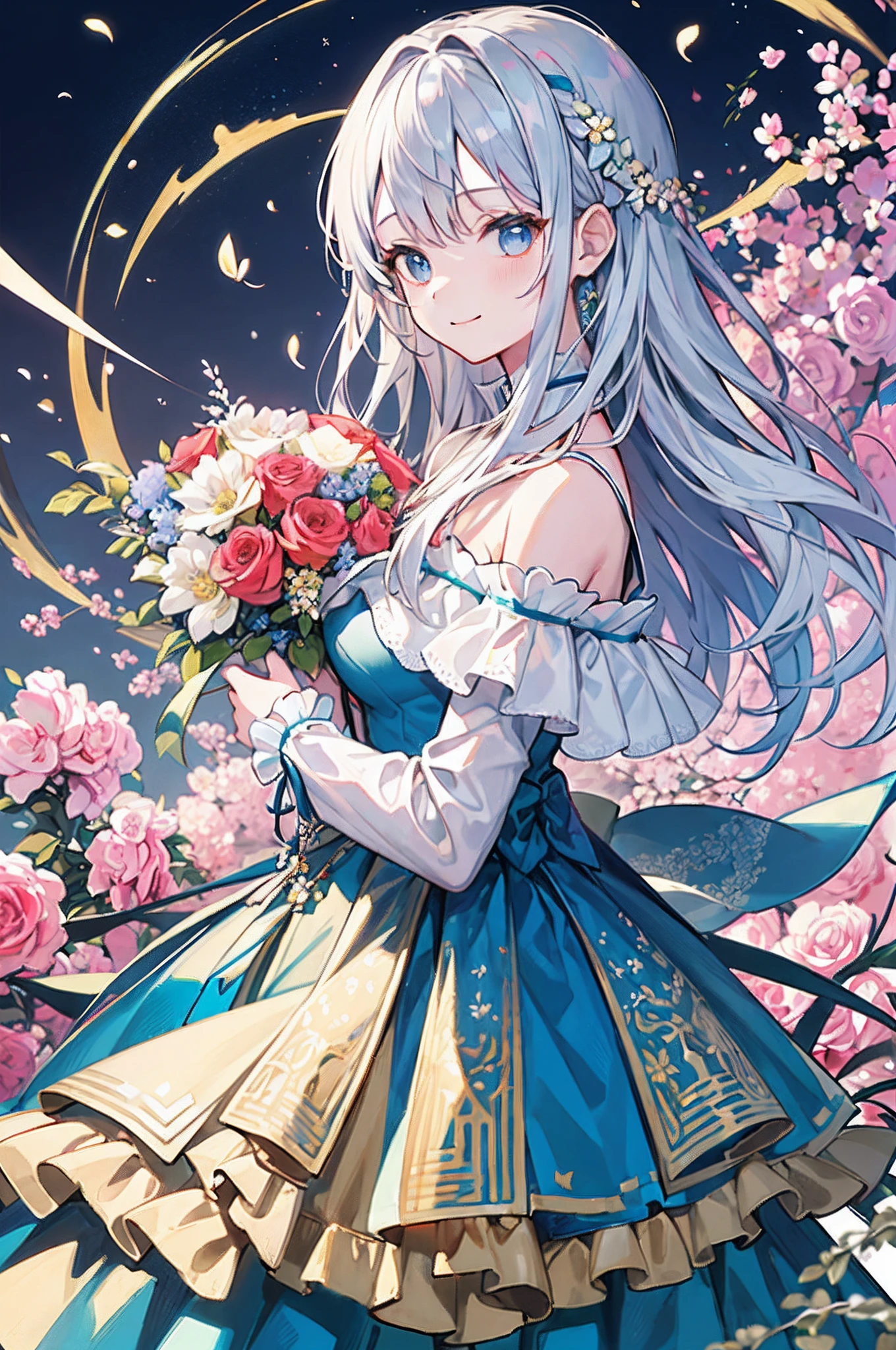 (​masterpiece、top-quality、illustratio、Extremely high quality、high-level image quality、Extremely sensitive writing)Girl with long silver hair standing in beautiful flowery garden、A slight smile、She has a large bouquet、Cute national costume style dress with ruffles on the shoulders、Hair fluttering in the wind