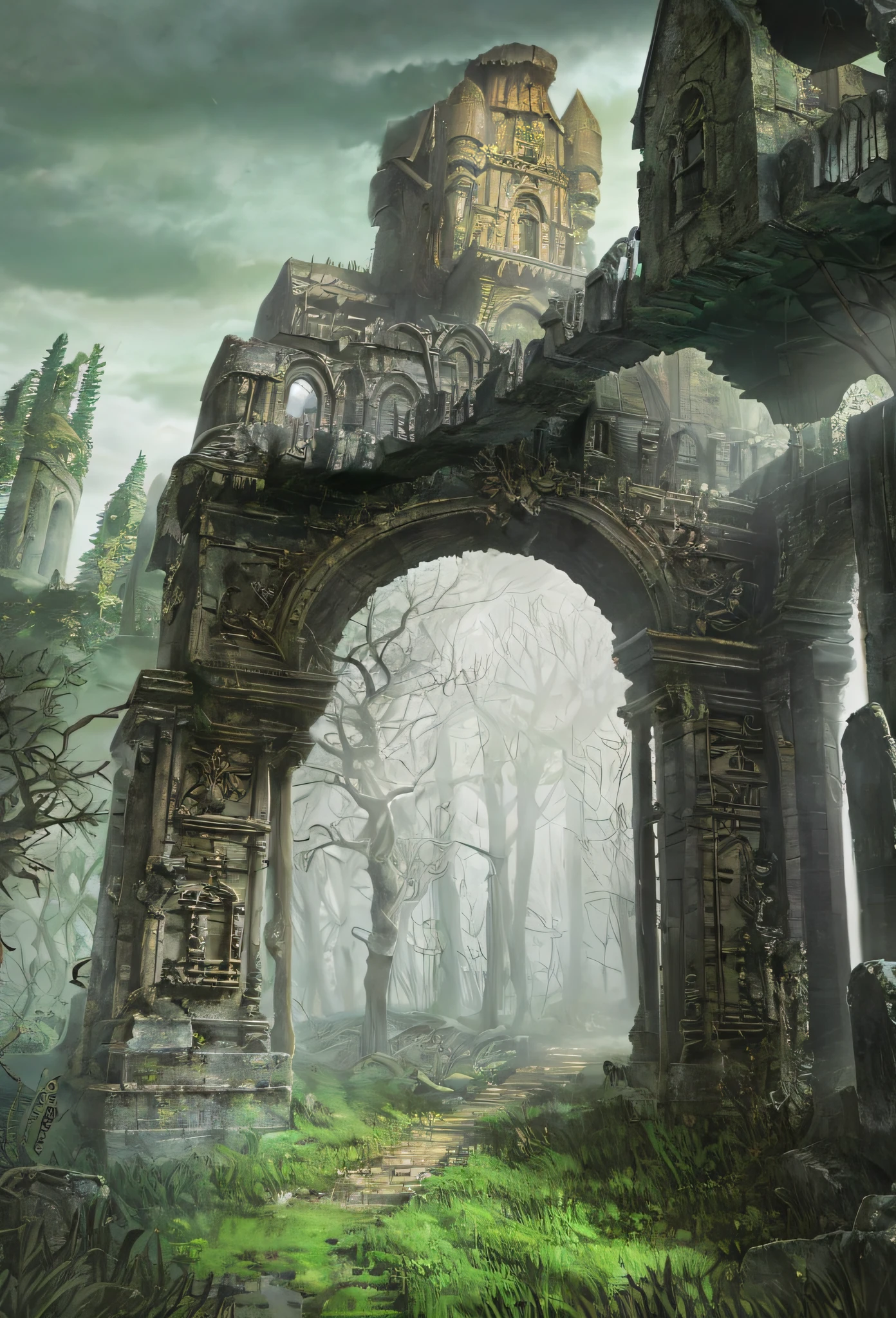 Stone architectural drawings，A tree grows on it, secret overgrown temple, ancient magical overgrown ruins, ancient ruins in the forest, ancient overgrown ruins, ancient overgrown! 废墟, entrance to ethereal realm, mysterious temple setting, entrance to an ancient dungeon, background depicting a temple, overgrown ruins, background is the ruins