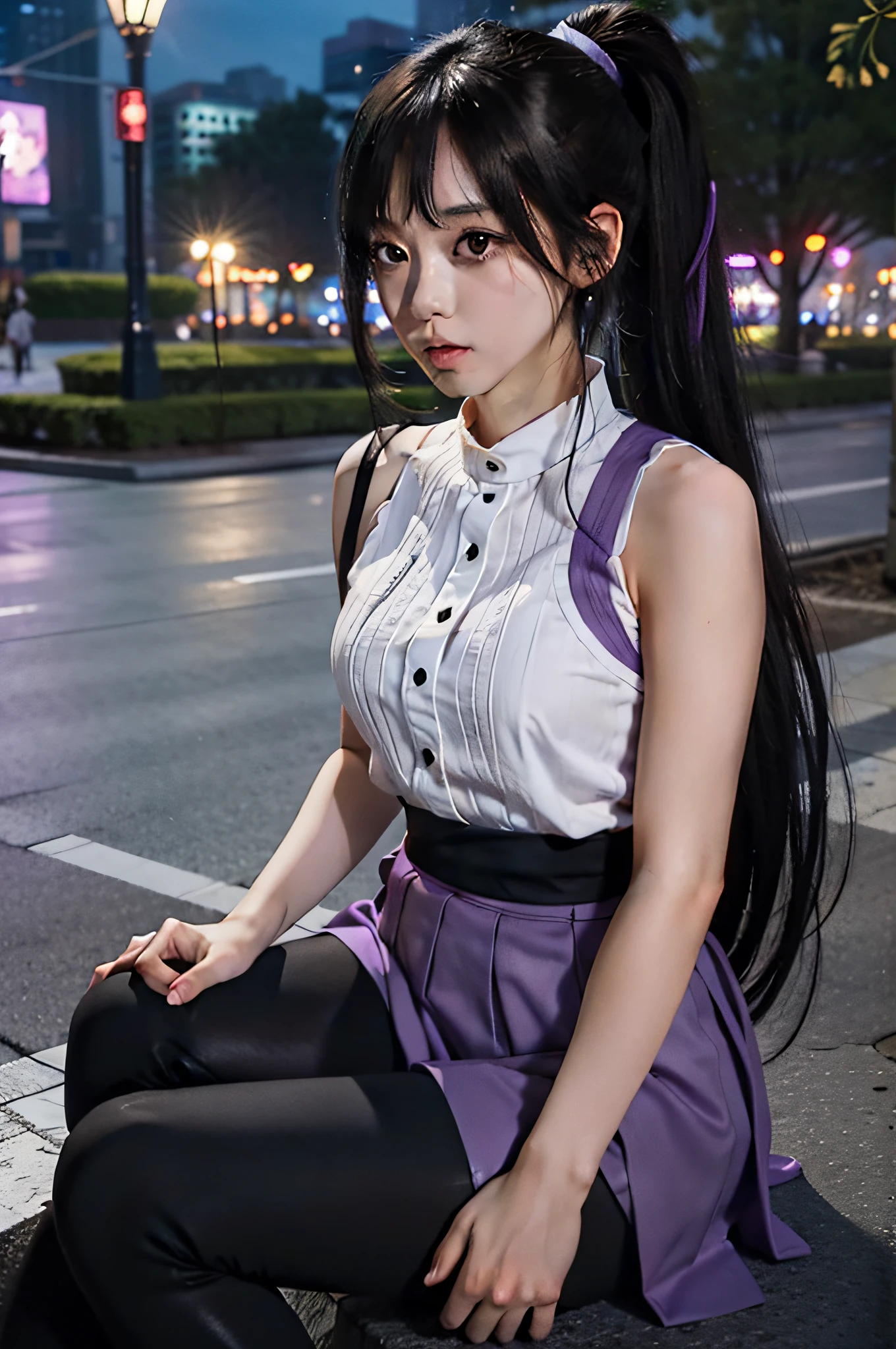 sleeveless shirts, young 1girl, solo, sakifuwa, glazed eyes, very long hair, ponytail, orange eyes, black hair, ahoge, black tights, long leggings, purple strain of hair, very purple long skirt, sit at the park, night time