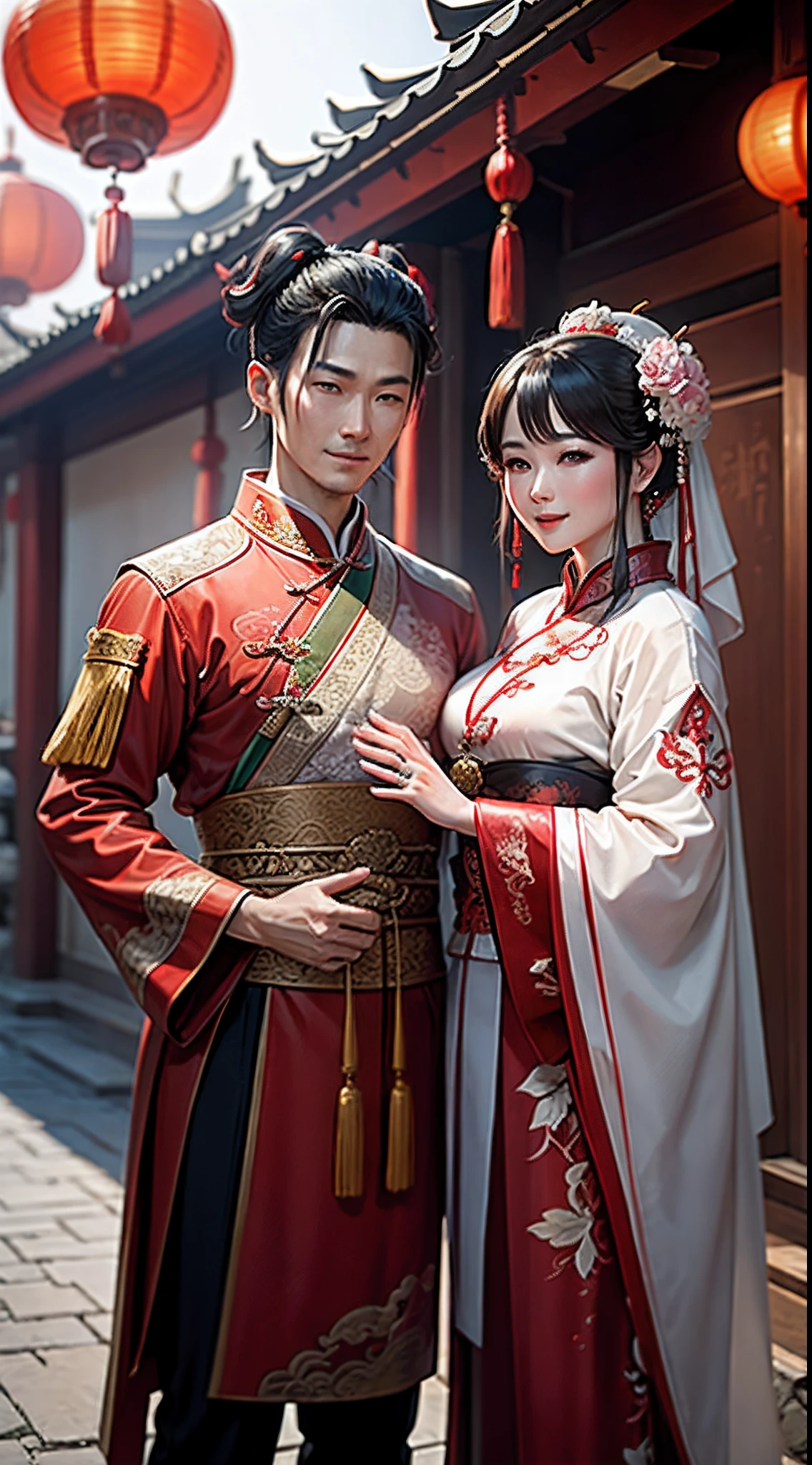 （أفضل جودة: 1.1), (حقيقي: 1.1), (قِرَان: 1.1), (تفاصيل عالية: 1.1),يقام حفل زفاف صيني تقليدي，العروس والعريس يلتقطان الصور بالأزياء الصينية التقليدية, قف أمام مبنى على الطراز الصيني, ابتسامة سعيدة, انظروا إلى بعضكم البعض بمودة，الفناء الصيني في الخلفية，الفوانيس الحمراء。