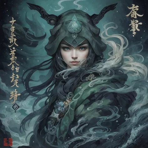 mystic ninja，detailed face，detailed eyes，clear eyes，gui zen，exotic beasts of mountains and seas，dark green and black details, lo...