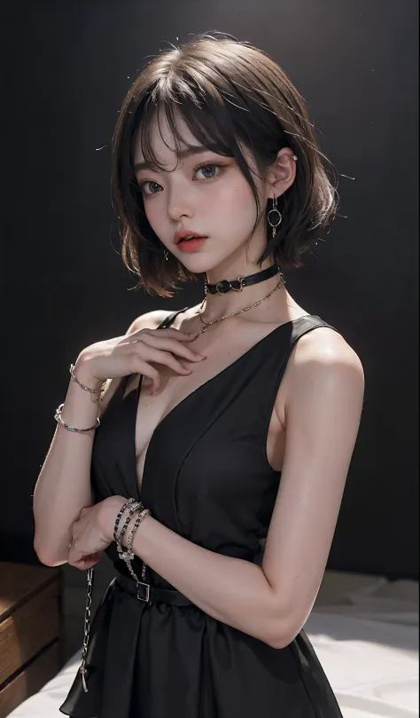 (natta)、((Top  Quality、​masterpiece:1.3))、edgy:1.2、Perfect Body Beauty:1.4、((Layered hairstyle))、(Black dress:1.3)、(night scene:1.2)、(chaining:1.3)、Highly detailed facial and skin texture、A detailed eye、Double eyelidd、((Short length hair))、A boy、cool、((Uni...