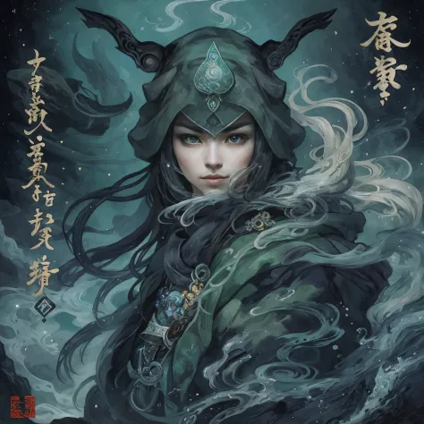 mystic ninja，detailed face，detailed eyes，clear eyes，gui zen，exotic beasts of mountains and seas，dark green and black details, lo...