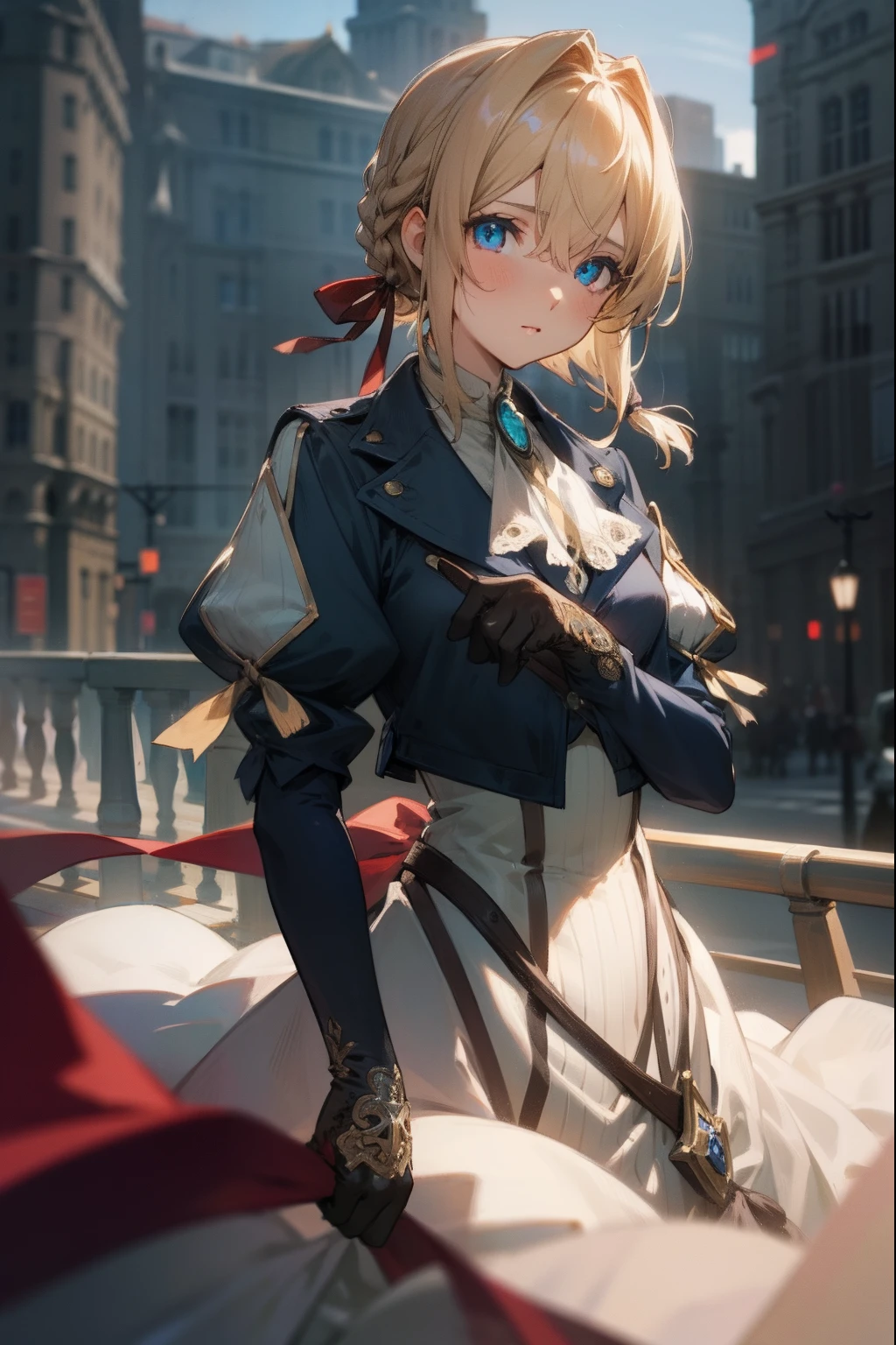 violetevergarden, violet evergarden, blonde hair, blue eyes, hair ribbon, ribbon, short hair, braids, hair braids, red ribbon, mature female,
BREAK blue jacket, brown gloves, cropped jacket, dress, gloves, green brooch, jacket, juliet sleeves, long sleeves, puffy sleeves, white dress,
BREAK looking at viewer,
BREAK outdoors, city,
BREAK (masterpiece:1.2), best quality, high resolution, unity 8k wallpaper, (illustration:0.8), (beautiful detailed eyes:1.6), extremely detailed face, perfect lighting, extremely detailed CG, (perfect hands, perfect anatomy),