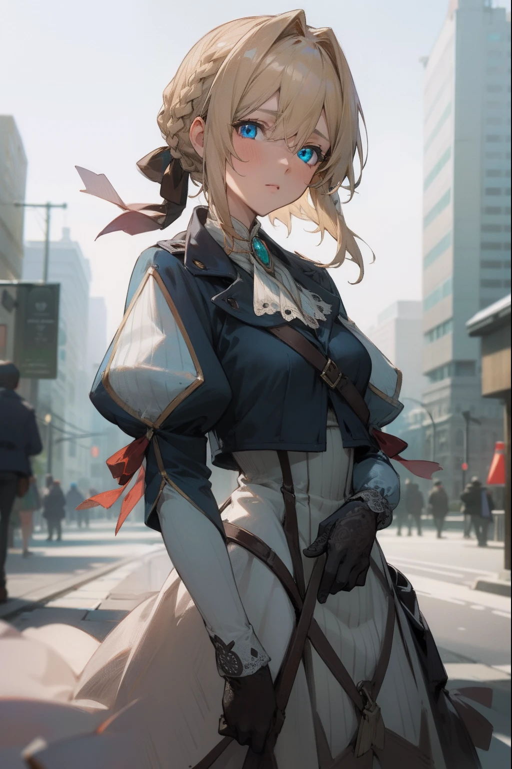 violetevergarden, violet evergarden, blonde hair, blue eyes, hair ribbon, ribbon, short hair, braids, hair braids, red ribbon, mature female,
BREAK blue jacket, brown gloves, cropped jacket, dress, gloves, green brooch, jacket, juliet sleeves, long sleeves, puffy sleeves, white dress,
BREAK looking at viewer,
BREAK outdoors, city,
BREAK (masterpiece:1.2), best quality, high resolution, unity 8k wallpaper, (illustration:0.8), (beautiful detailed eyes:1.6), extremely detailed face, perfect lighting, extremely detailed CG, (perfect hands, perfect anatomy),