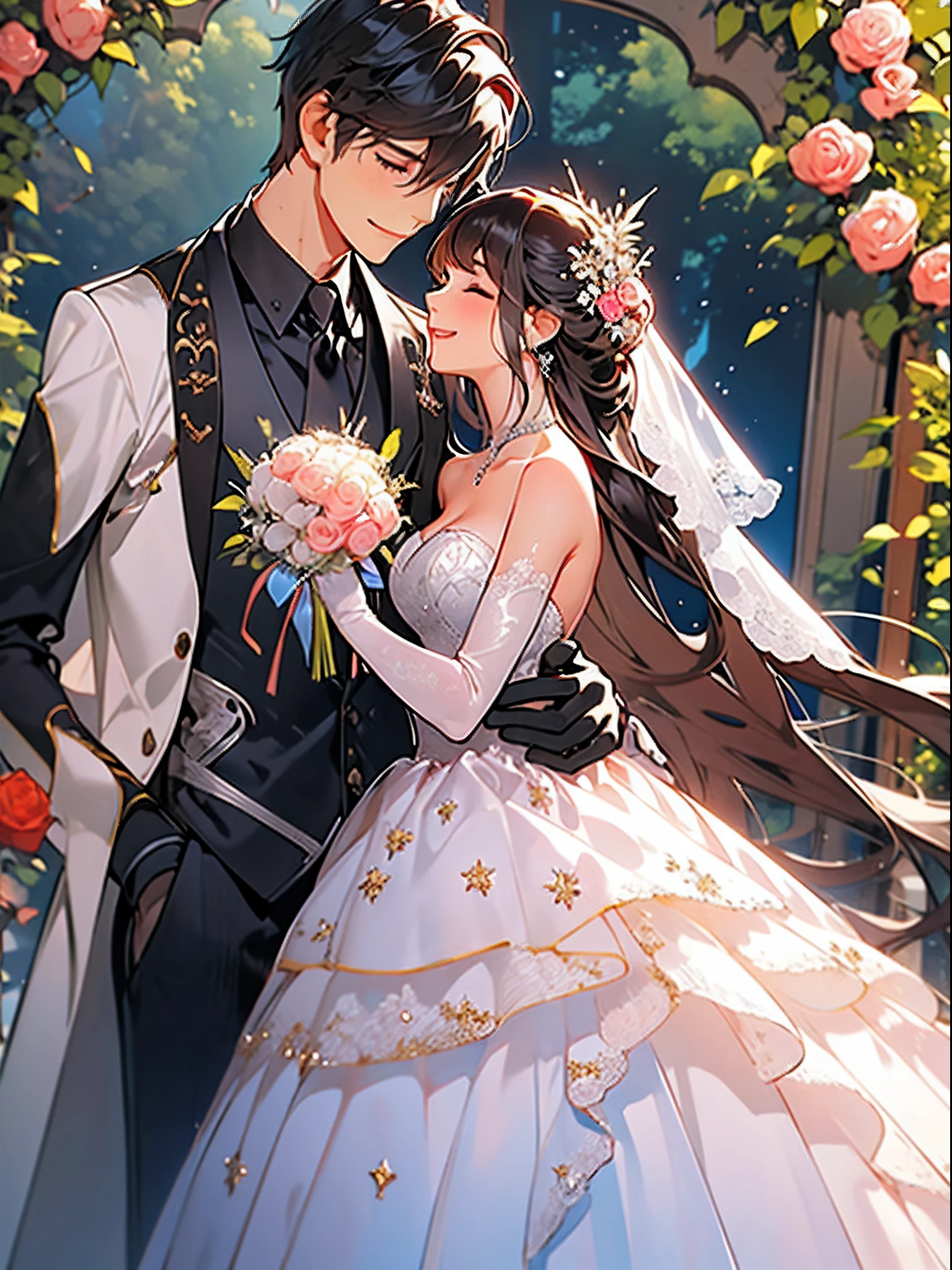 masterpiece, 1girl, 1boy, dress, two people, wedding dress, necktie, couple, smile, strapless dress, closed eyes, pants, strapless, veil, flower, long hair, holding, jewelry, gloves, shirt, necklace, bouquet, white pants, holding bouquet, white dress, blue eyes, white shirt, open jacket, holding hands, elbow gloves, white gloves, white jacket, pink necktie, bridal veil, white background, wedding, husband and wife, long sleeves, long dress, pink flower, short hair, standing, novel cover