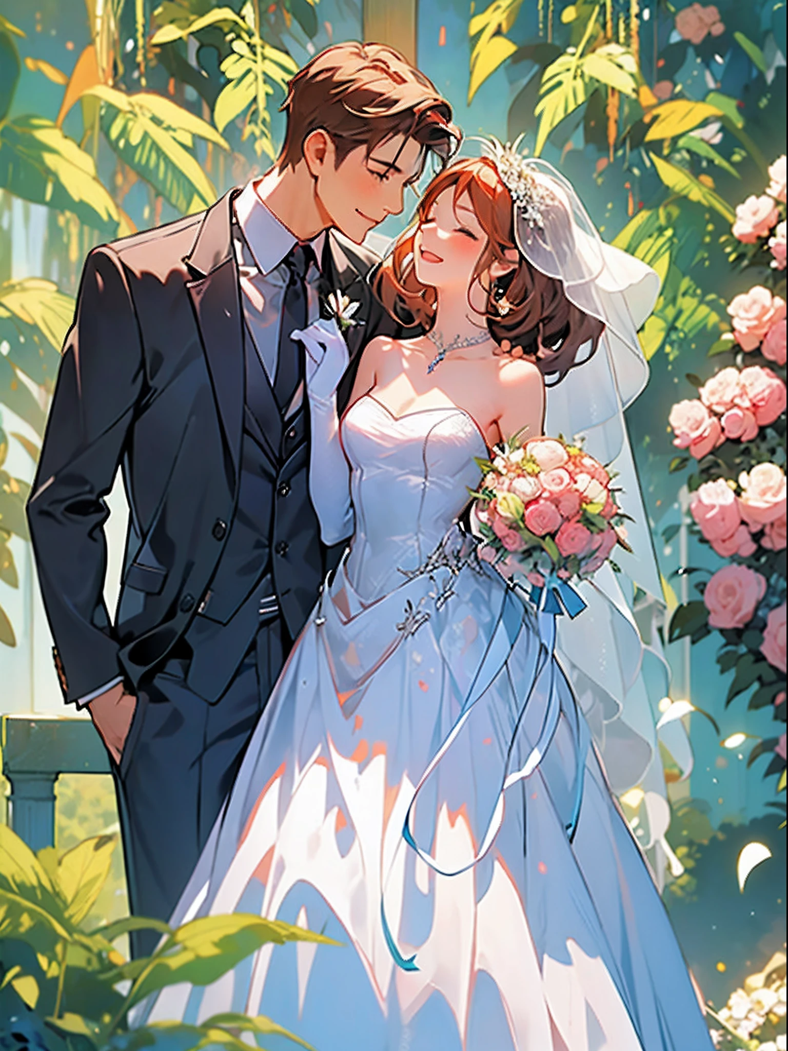 masterpiece, 1girl, 1boy, dress, two people, wedding dress, necktie, couple, smile, strapless dress, closed eyes, pants, strapless, veil, flower, long hair, holding, jewelry, gloves, shirt, necklace, bouquet, white pants, holding bouquet, white dress, blue eyes, white shirt, open jacket, holding hands, elbow gloves, white gloves, white jacket, pink necktie, bridal veil, white background, wedding, husband and wife, long sleeves, long dress, pink flower, short hair, standing, novel cover