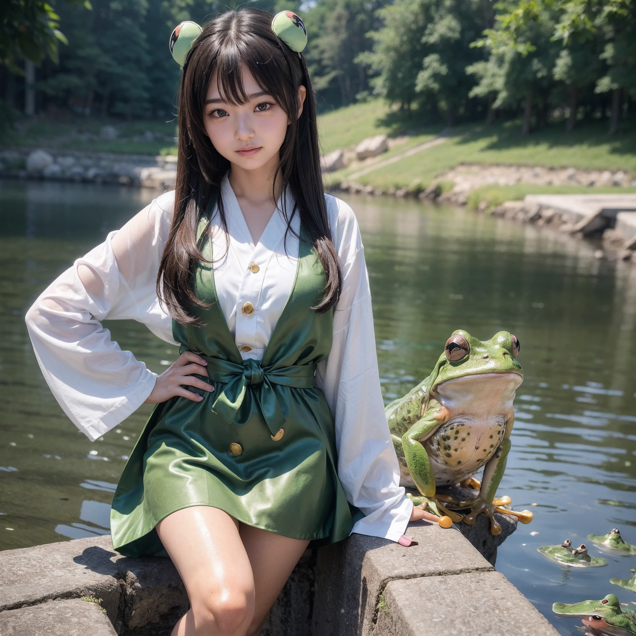 (8K、RAW Photos、top-quality、​masterpiece:1.2)、(realisitic、Photorealsitic:1.35)、ultra-detailliert、超A high resolution、lighting like a movie、(((Japan 16-year-old girl who loves frogs)))、(((Cosplay as a frog:1.3)))、(((Surrounded by many frogs:1.3)))、cute smile face、Happy and energetic atmosphere、dynamic ungle、动态照明