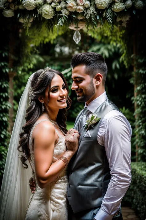 Enchanting wedding celebration in a breathtaking garden or courtyard with exquisite decor and elements, capturing the stunning bride and groom in a beautifully crafted portrait, beautiful face, closeup shot of both groom and bride, camera facing shot, ((la...