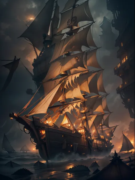 (ghost ship:1.2), Fantasy Art, Sophisticated, Beautiful, blazing, the golden hour, spaces, Ultra-detailed, Detailed modeling, (T...