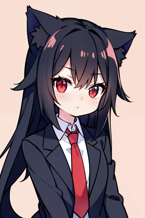 An anime cat girl with long white hair, red eyes, and a black co 